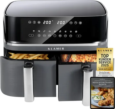 Produktbild von KLAMER Heißluftfritteuse Duo 9 L – Doppelkammer Airfryer mit 2 Körben & Digitaldisplay, 10 Automatikprogramme, Dual-Funktion, Timer, 3000 W Heißluft-Zirkulation, spülmaschinengeeignet