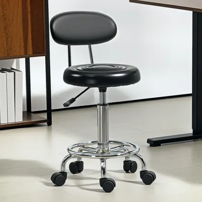 Produktbild von Sweiko Rollhocker, Drehbarer und verstellbarer Hocker mit Rückenlehne, Kunstlederbezug, Fußstütze, für Frisiertische, Schwarz