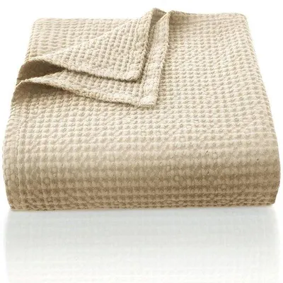 Produktbild von Beige katoenen Woll-Decke 270 x 230 cm, leichtes und atmungsaktives Bettwäschegarn, Waffelpatroon leichtes Bettgarn als Sofa-Decke, weiche und gemütliche Wohnzimmer-Decke