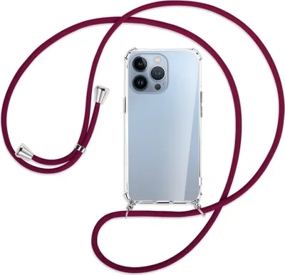Produktbild von Handykette Backcover-Schutzhülle mit Band (Metall silberfarben) für Apple iPhone 13 Pro - dunkelrot