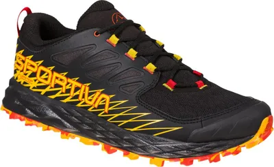 Schwarze Trailrunning-Schuhe "Lycan Gtx" von La Sportiva mit gelben und roten Akzenten.