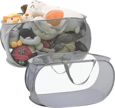 Obrázek produktu pro Skládací koše na prádlo - Sada 2 kusů - Velký úložný koš s boční kapsou - 36x36x58 cm - Skládací vysouvací koš na prádlo - šedý