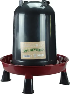 A black plastic water dispenser with a red base and black legs, set against a white background.