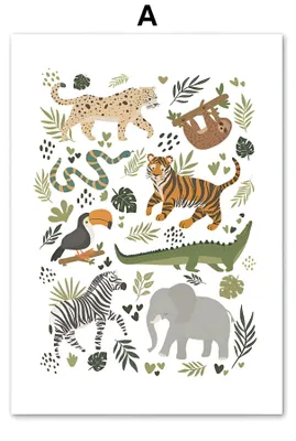 Produktbild von Poster Kinderzimmer Tier Dschungel Alphabet · Name Personalisiert · Kinderzimmer Bilder · Wand Deko · Kunst Druck · Deko Print · ohne Rahmen · Motiv A · 10 × 15 cm