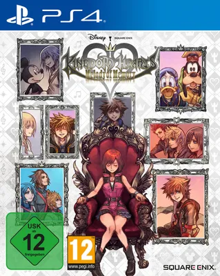 Collage of characters from the Kingdom Hearts video game series, arranged around a central figure on a throne, with game title and platform logos at the top.
