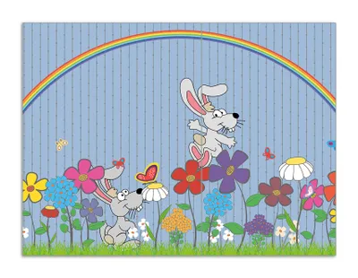 Produktbild von Wallario Herdabdeckplatte aus Glas, Größe 70 x 52 cm 2-teilig, Motiv Süße Hasen unter einem Regenbogen