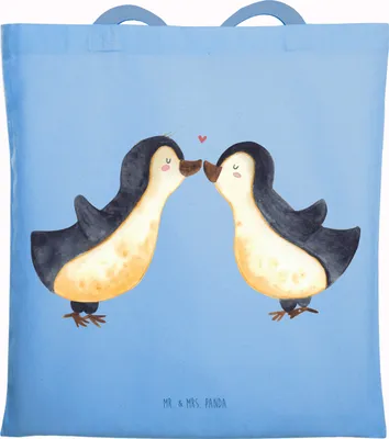 Produktbild von Mr. & Mrs. Panda Jutebeutel Pinguin Liebe - Sky Blue - Geschenk, Freundin, Love, Tasche, Hochzeitstag, Laptoptasche, Vertraut, Shopping, Geschenkidee, Uni, Tote Bag