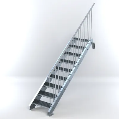 Produktbild von Stahltreppe 9 Stufen bis Höhe 180 cm, Laufbreite : 60 cm Geländer rechts ST 1 (31 / 31 mm)