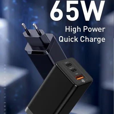 Produktbild von 65W GaN Schnellladegerät USB-C + USB-A Netzteil Fast Charger für Smartphone, Tablet, iPhone, Macbook, Laptop 3-Port Netzstecker schwarz