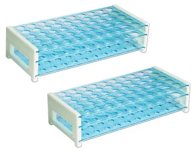 Imagen del producto de Soporte para tubos de ensayo, desmontable, con 50 orificios, fabricado en poliestireno (PS), 2 unidades, para tubos de ensayo de hasta 17 mm de diámetro