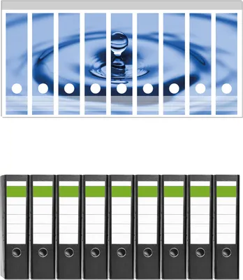 Produktbild von Wallario 9 Stück breite Ordner inkl. Klebeetiketten mit Motive Wassertropfen im blauen Wasser -  Set mit Rückenschildern / Ordnerrücken Stickern