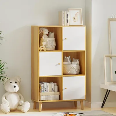 Zdjęcie produktu dla Półka na książki z 6 przegródkami, w tym 3 otwarte i 3 szuflady, wolnostojąca, wymiary: 64,5 x 30 x 109,5 cm, kolor: brązowy