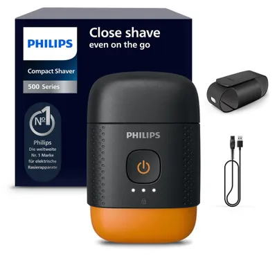 Produktbild von Philips Shaver 500 Series S595/05 Kompakter, elektrischer Nass- und Trockenrasierer, Rotationstrasierer, Schwarz, Orange, SteelPrecision blades; Lift & Cut technology, Replace every 2 yrs with SH71, 2 Jahr(e), Akku