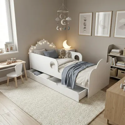 Produktbild von Kinderbett 140x70 cm mit Schublade Matratze Bettkasten Kinderbett Weiß Rausfallschutz Komplettset