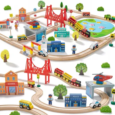Produktbild von Spielzeugeisenbahn Holzeisenbahn Zugset - 110 Teile - Mit Puzzles und Angelspiel - Für Kinder von 3 bis 8 Jahren
