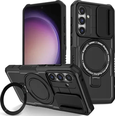 Produktbild von Handyhülle für Samsung Galaxy S23 FE Kompatibel mit MagSafe, Robuste Hülle mit Schiebe Kamera Schutz, Magnetischer Ringständer Schwarz
