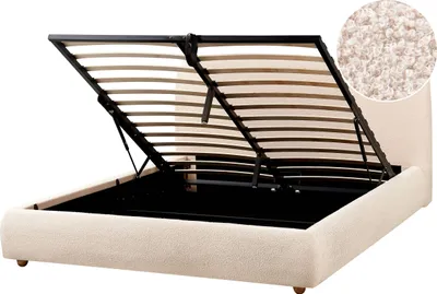 Produktbild von BELIANI Bett mit Bettkasten Hellbeige Bouclé Gepolstert 160 x 200 cm Lattenrost Hochklappbar Hohes Kopfteil Modern Schlicht Schlafzimmer Polsterbett