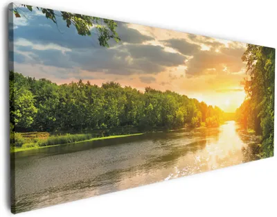 Produktbild von Wallario Premium Leinwandbild Sonnenuntergang am Fluss in grüner Umgebung in Größe 50 x 125 cm