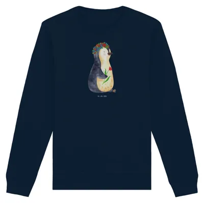 Produktbild von Mr. & Mrs. Panda Baumwoll Pullover Pinguin Blumen Größe XS - French Navy - Geschenk, Pulli, Sweatshirt, Universum, Wunderschön, Blumenkranz, Motivation, Sweater, Rundhals