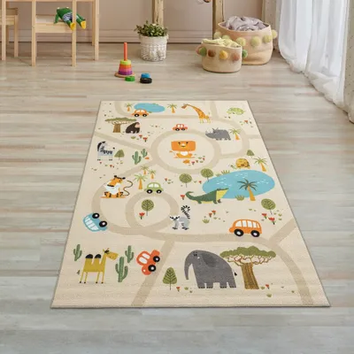 Image de Tapis de jeu pour enfants Safari / Routes antidérapant beige Taille - 80 x 150 cm