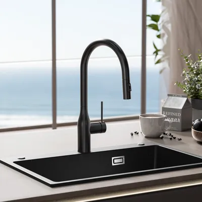 Produktbild von Küchenarmatur Edelstahl 304 Schwarz gebürstet Hochbogen mit 400mm Ausziehschlauch 360° drehbar 2 Wasserstrahlmodi metallfreier Wasserweg