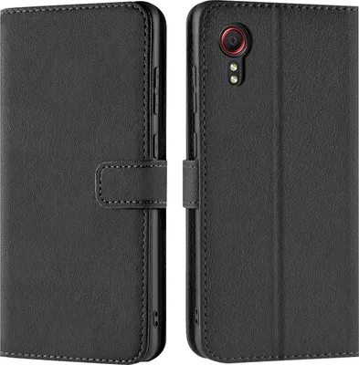A black flip case for a Samsung Galaxy XCover 5 phone, shown from two angles.