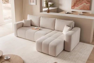 Image de Idohome – Canapé d'angle moderne avec fonction couchage et surpiqûres en L, ensemble canapé, canapé universel, canapé, canapé-lit, PEDROO - Couleur beige Manila 02