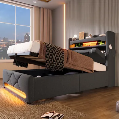 Image de Abrihome Lit rembourré 90x200cm avec USB et port de type C, lit de rangement pour adolescents avec LED, lits avec espace de rangement hydraulique, lin, gris(Sans matelas)