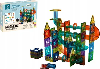 A product image showing a box of magnetic building tiles and a constructed marble run.
