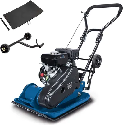 Produktbild von Scheppach Rüttelplatte HP2300S | 5,6 PS Benzinmotor | 23 kN Verdichtungsdruck | 540 x 420 mm Plattengröße | inkl. Fahrvorrichtung und Gummimatte