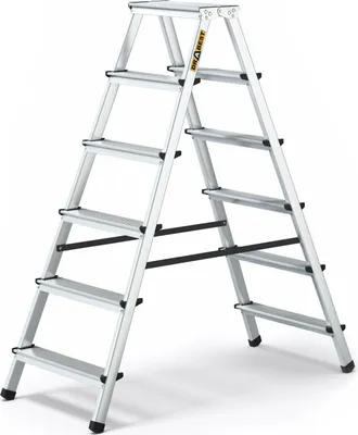 A silver aluminum stepladder with black accents against a white background.