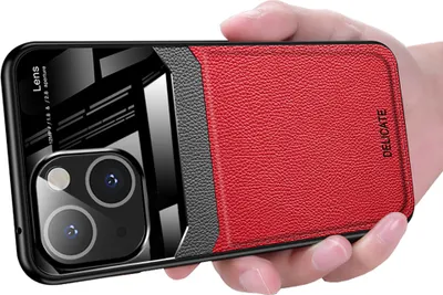 Produktbild von iPhone 13 Hülle, TPU Stossfest Anti-rutsch Leder Glas Len Hybrid Schutzhülle für iPhone 13 Rot