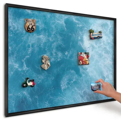 Produktbild von Magnettafel 100x70 cm mit schwarzem Rahmen - Magnetische Metalltafel, Magnetpinnwand zur Wandmontage für Wohnzimmer, Küche, Flur, Kinderzimmer und Büro - Meereswellen
