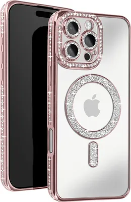 Image de Avizar, coque en diamant pour iPhone 16 Pro Max – Protection MagSafe avec bordure en strass, rose champagne