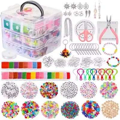 Produktbild von DIY-Schmuckherstellungsset – 4655-teiliges Bastelpaket für Mädchen – In einer 3-lagigen Aufbewahrungsbox – Armbänder, Ohrringe und Schlüsselanhänger herstellen – Komplettes kreatives Geschenk – Namensarmbänder