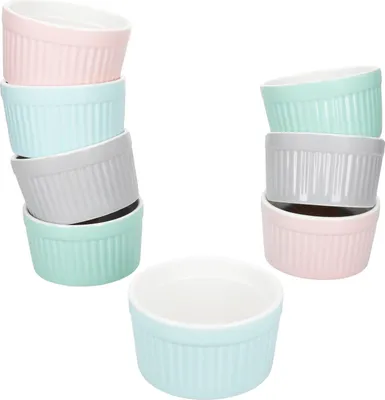Zdjęcie produktu dla Zestaw 8 porcelanowych foremek do sufletów Emilia 125 ml, 4 kolory, naczynie do zapiekanek