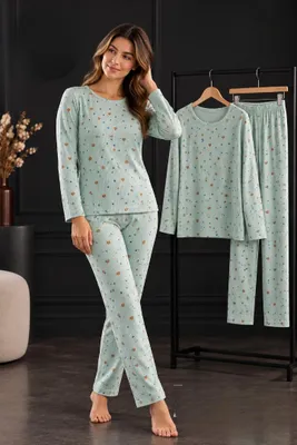 Produktbild von Damen Pyjama Schlafanzug Hellgrün XXL Lang Warm Winter 2-Teiler Set L-88