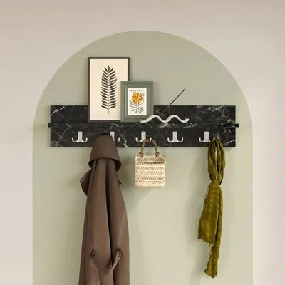 Produktbild von LUNOR Wandgarderobe mit Ablage 5 Doppelhaken Marmoroptik Schwarz 80 cm