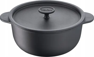 A black cast iron pot with a lid and handles.