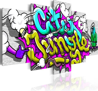 Image de Toiles 200 x 100 cm m-A-0011-b-n Toile intissé Toile 5 pièces Impression artistique moderne Tableaux muraux XXL Décoration murale Design Tableau mural GRAFFITI CITY JUNGLE