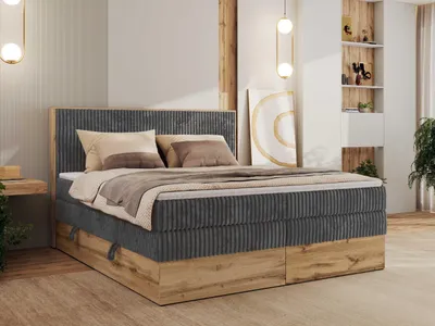 Produktbild von MKS MEBLE Boxspringbett WOOD CLASSIC KING, Doppelbett mit zwei Multipocket-Matratze und Topper T25, hohe Kopfteil, Stauraum - 180 x 200 cm - H3 - Grau Cord