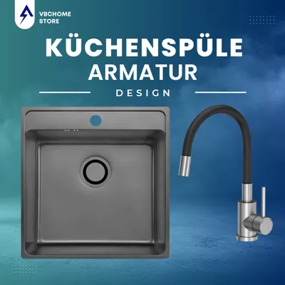 Produktbild von VBChome Edelstahlspüle mit Armatur 49x48x21 cm Graphit Leinenstruktur Einbauspüle mit Hahnloch Spüle Groß Becken Siphon Armatur mit flexiblem Auslauf