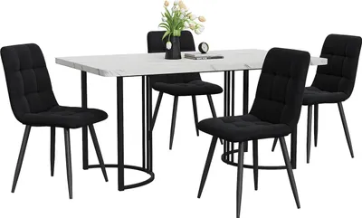 Produktbild von Essgruppe (5-tlg),Esstisch(Schwarz)mit 4 Stühlen Set, Moderner Küchentisch Set ,140×80cm, MDF Tischplatte in Weißer,Schwarz Samt Esszimmerstühle