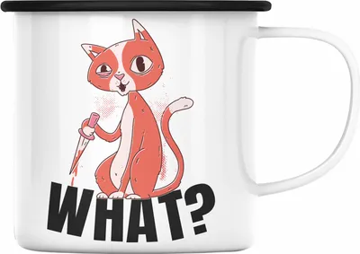 Produktbild von Trendation - What Katze Geschenk Grafik Lustige Katze Emaille Tasse (Schwarz)
