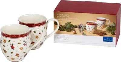Two mugs and their packaging are shown against a white background.