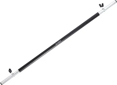 A black and silver training bar on a white background.