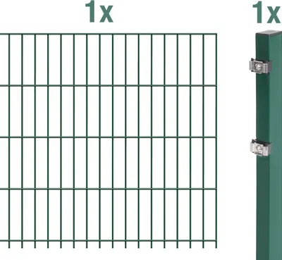Zdjęcie produktu dla Ogrodzenie z podwójnych prętów Alberts 641399 w kompletnym zestawie, powlekane tworzywem sztucznym, kolor zielony, wysokość 83 cm, długość 2,5 m
