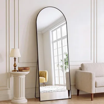 Image de Miroir de plein corps, 162 x 53 cm. Miroir mural incurvé, à poser ou à fixer au mur. Aluminium, couleur noire