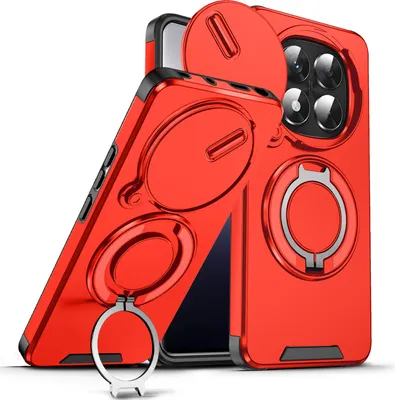 Immagine prodotto di Custodia a doppio strato per Xiaomi Poco X7/Redmi Note 14 Pro 5G/4G/Note 14 Pro+ 5G, copertura scorrevole della fotocamera e supporto ad anello magnetico Rosso