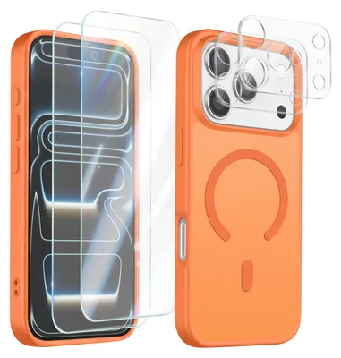 Imagen del producto de Funda Avizar, compatible con iPhone 17 Pro, con 2 protectores de vidrio templado y 2 protectores para la cámara, color naranja